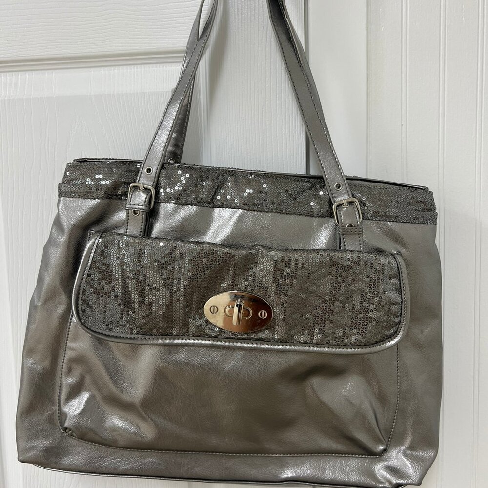 NY & Co Sequin & Faux Silver Metallic Leather Tote Bag